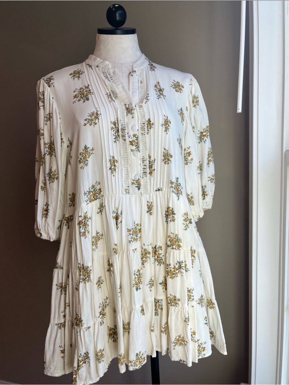 Bohemian Tiered Mini Dress in Cream with Yellow Floral Print